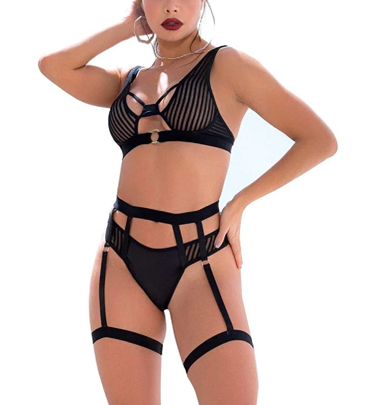 Mapale 2 Piece Sheer Stripe Bralette and Garter Set (2639) - Black