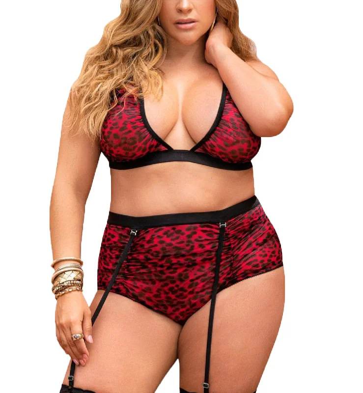 Mapale 2pc Set PLUS:Triangle Bralette, High Waist Panty (8641X) - Black/Animal Print