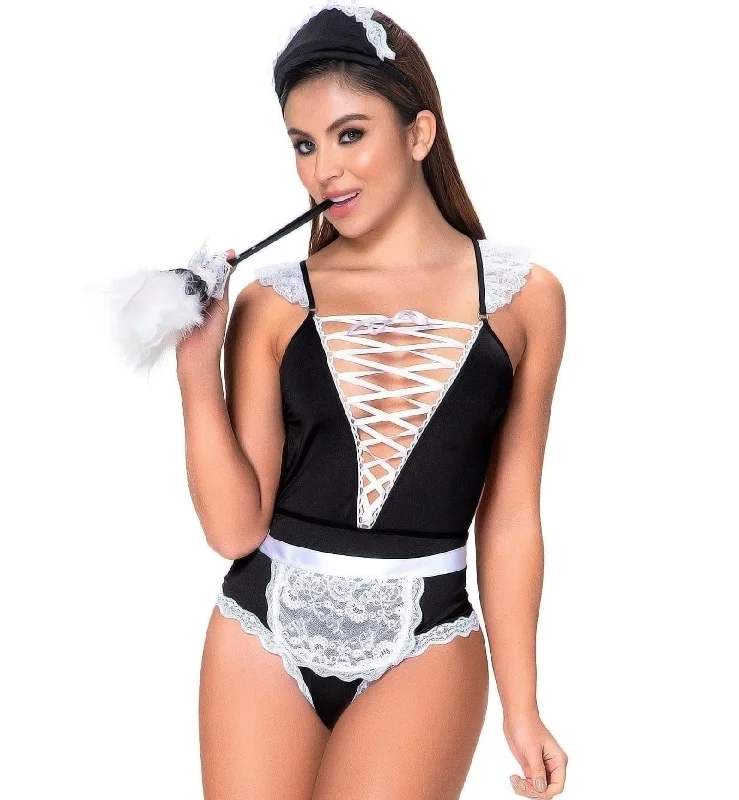 Mapale 3pc French Maid Set: Bodysuit, Apron, Headpiece (6414) - Black