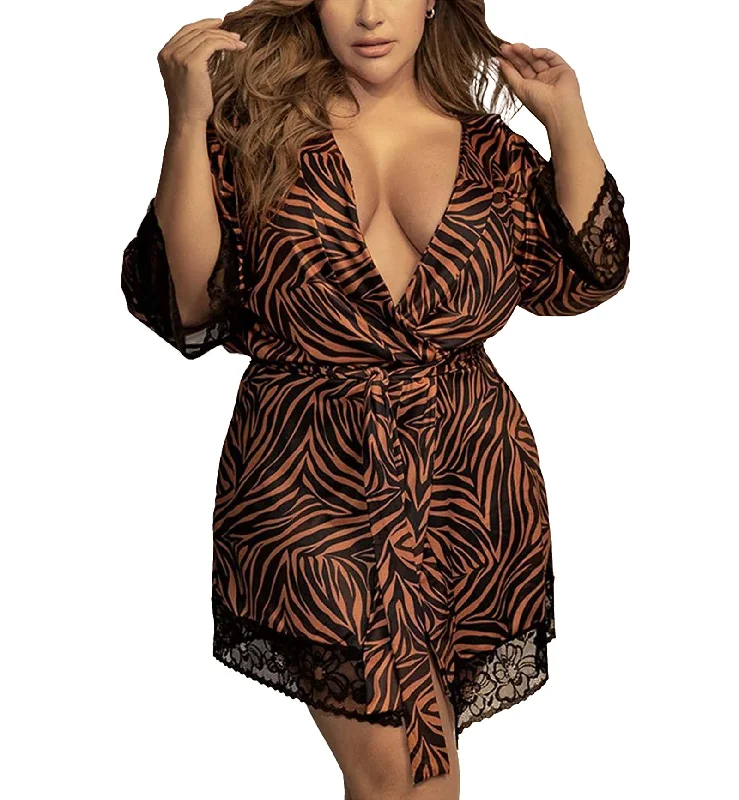 Mapale Breakfast in Bed Plunge Front & Back Robe PLUS (7456X) - Animal Print