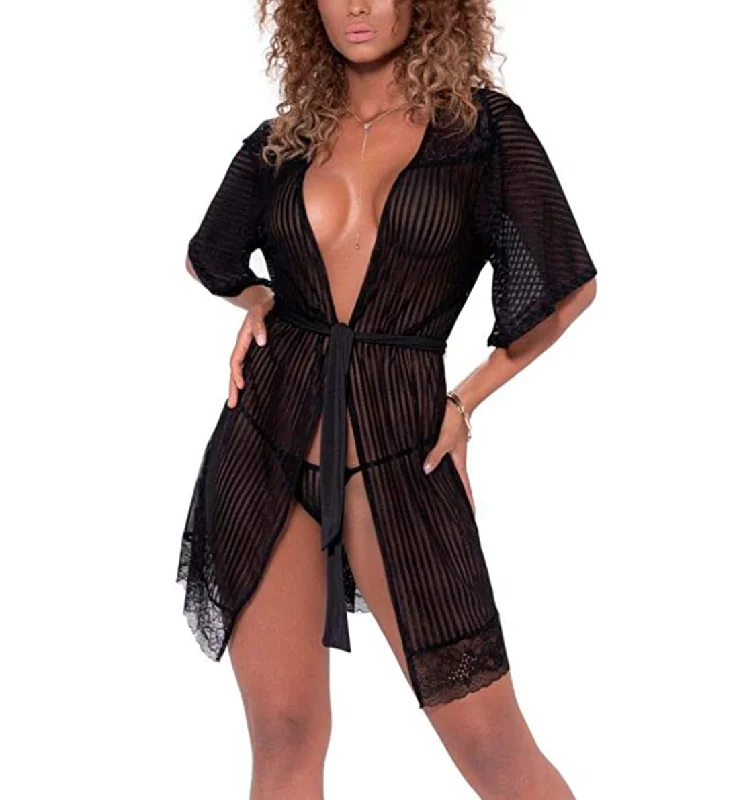 Mapale Sheer Striped Robe with Matching G-String (8478) - Black