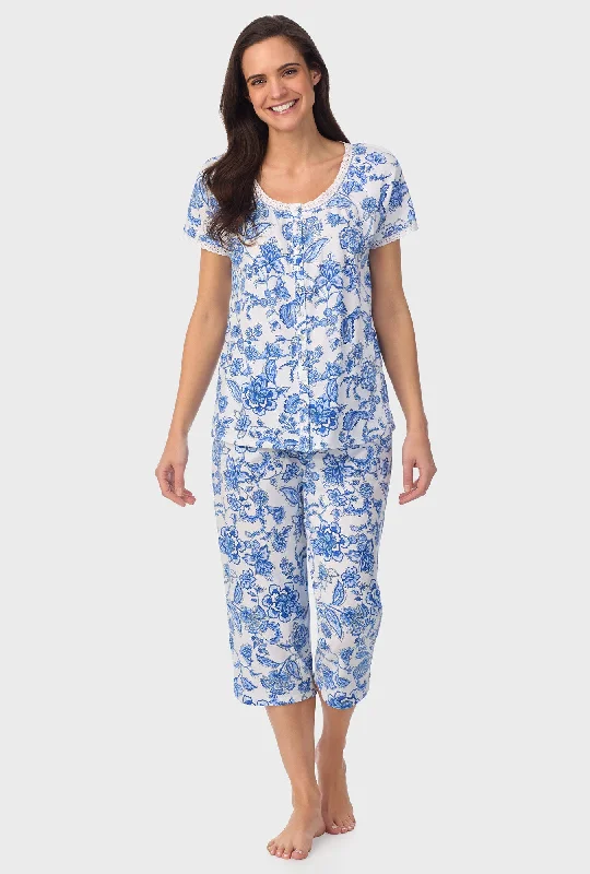 Cobalt Blue Floral Vine Cap Sleeve Capri Pant PJ Set