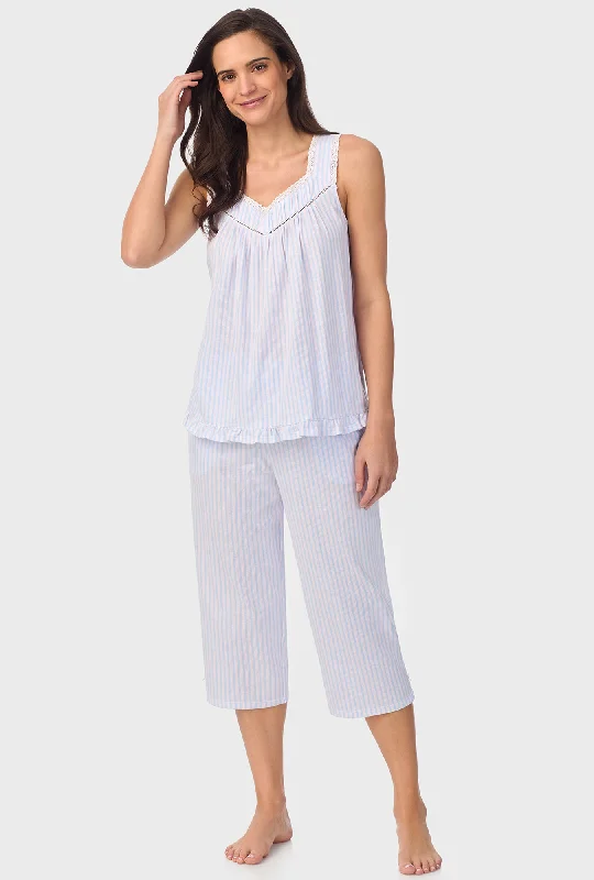 Blue and Cherry Stripes Sleeveless Capri Pant PJ Set