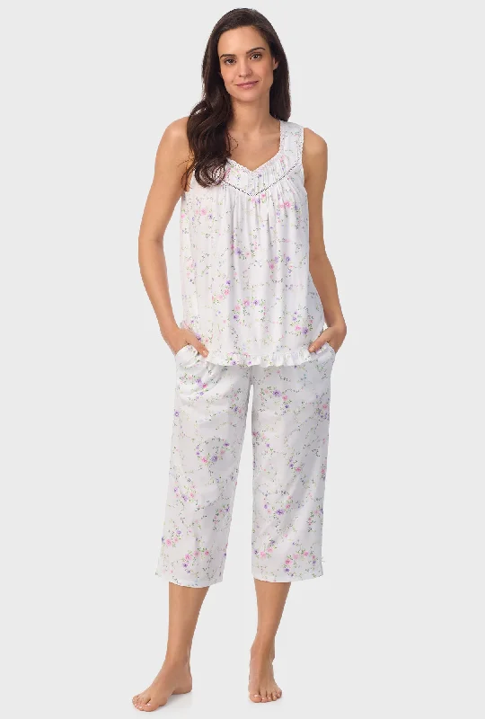 Lilac and Cherry Floral Sleeveless Capri Pant PJ Set