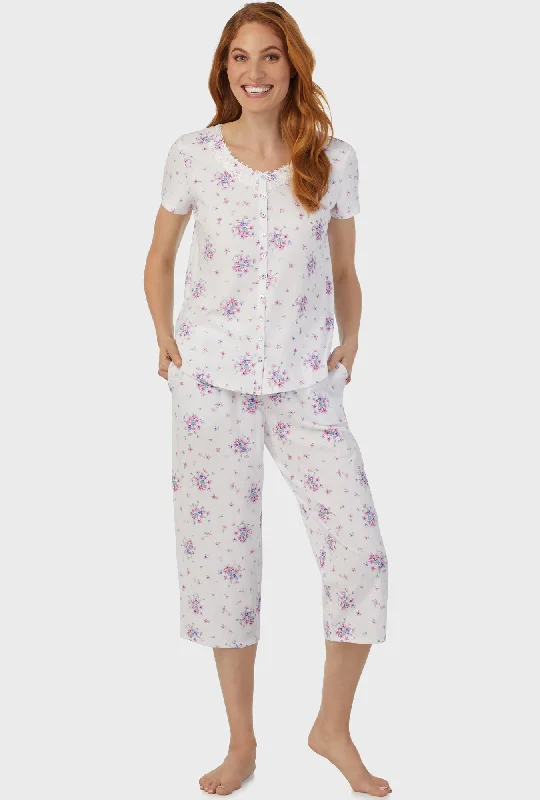 Mulberry Purple Floral Bouquet Short Sleeve Capri Pant PJ Set