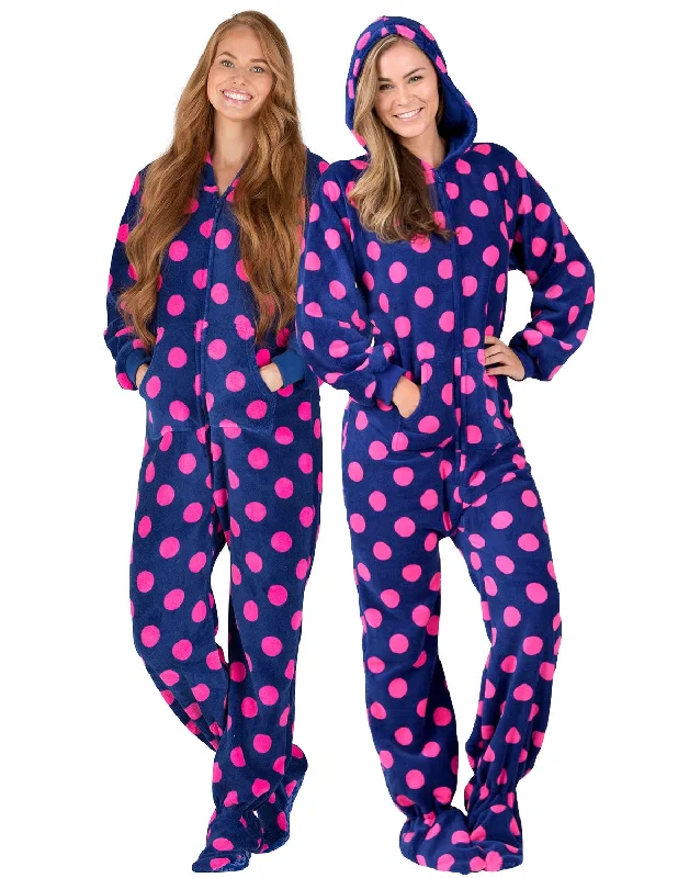 Navy Pink Polka Adult Hoodie Chenille Onesie