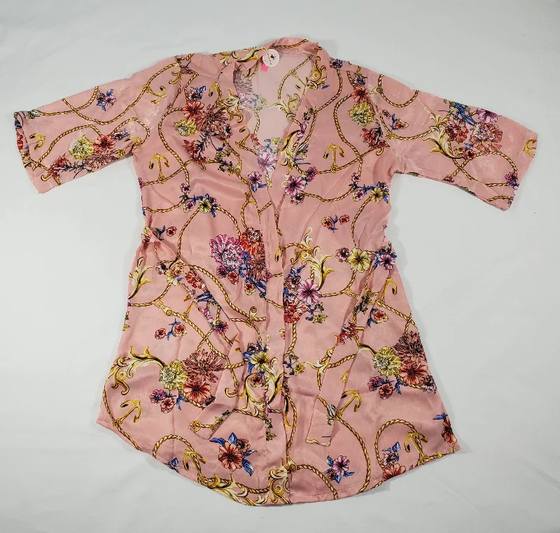 Women's Pink satin silk robe gold chain vines and colorful flowers theme